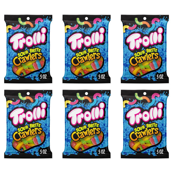 Six 5oz bags of Trolli Sour Brite Crawlers Sweet & Sour Gummy Worm Candy (6 Pack) by Trolli are displayed in two rows of three against a white background.